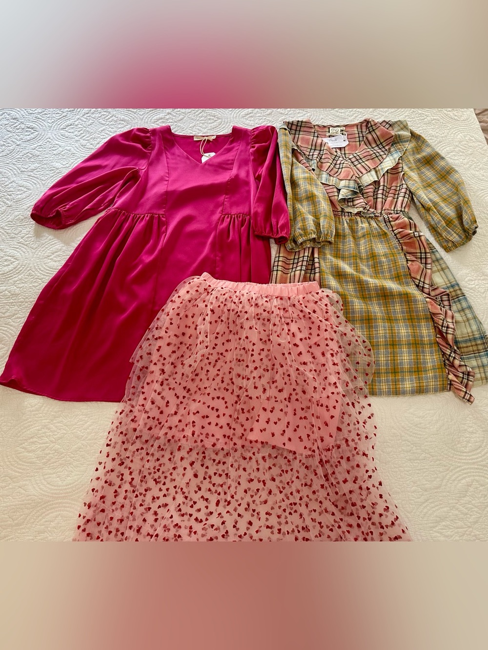 XS Statement Bundle – Plaid Dress, Pink Satin Dress & Tulle Skirt